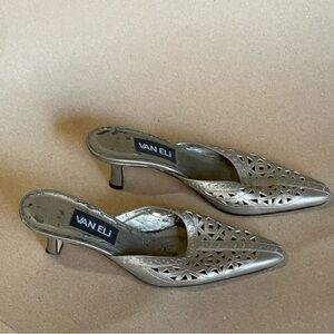 Van Eli Metallic Silver Laser-Cut Pointed-Toe Kitten Heel Mules